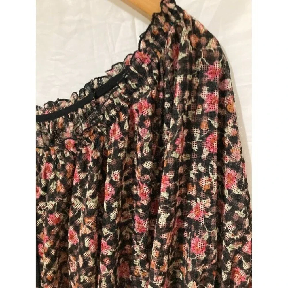 Free People Floral Mesh Blouse Womens Size Medium Black Pink Boho Core 90s Magic